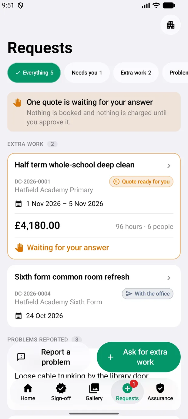 The Requests tab: a deep clean quote of £4,180 waiting for an answer