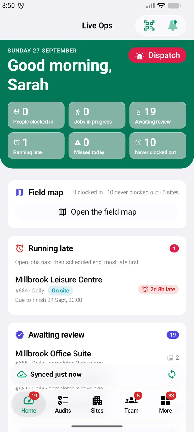 Live Ops in the Supervisor app: one visit running late, 19 awaiting review, and the field map